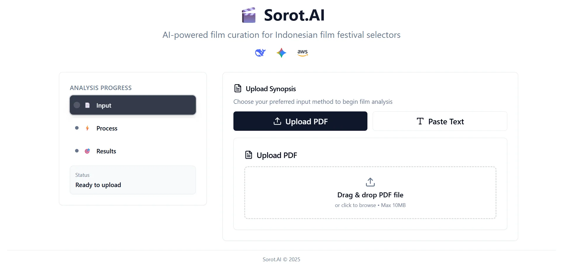 Sorot AI film analysis interface from the live website